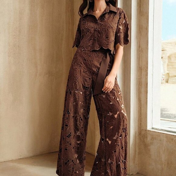 Brown Casual Women's Embroidered Top & Pants Set - Picture 6 of 7